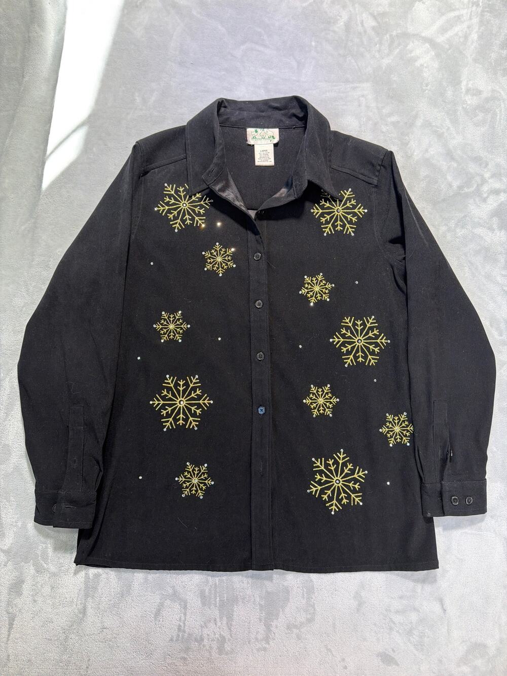 The Quacker Factory Snowflake Shirt Womens L Black Gold Rhinestone Button Up